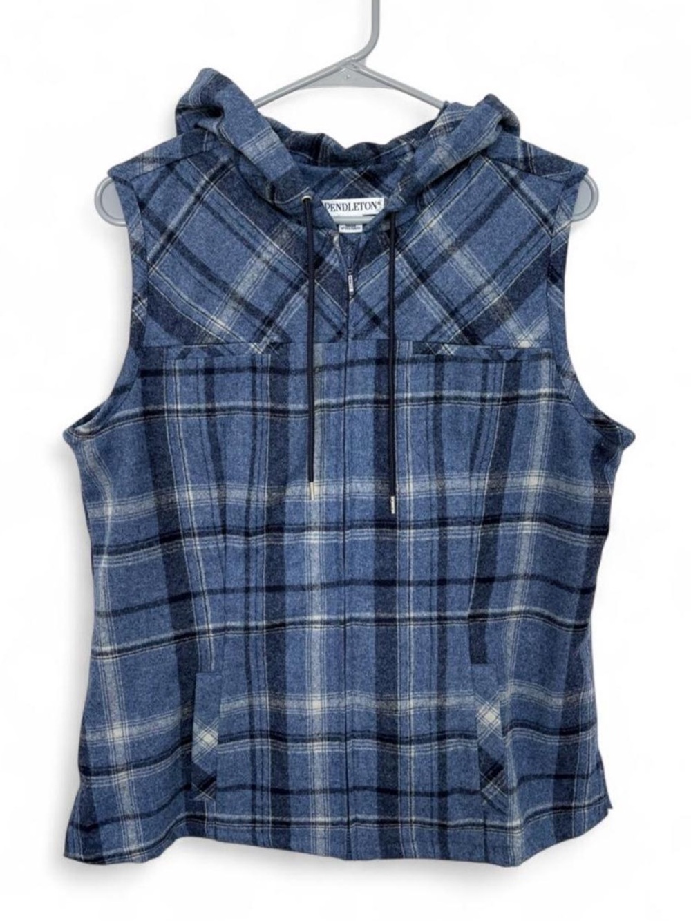 Pendleton 100% Virgin Wool Plaid Sleeveless Hooded Full Zip Vest Large Outdoor